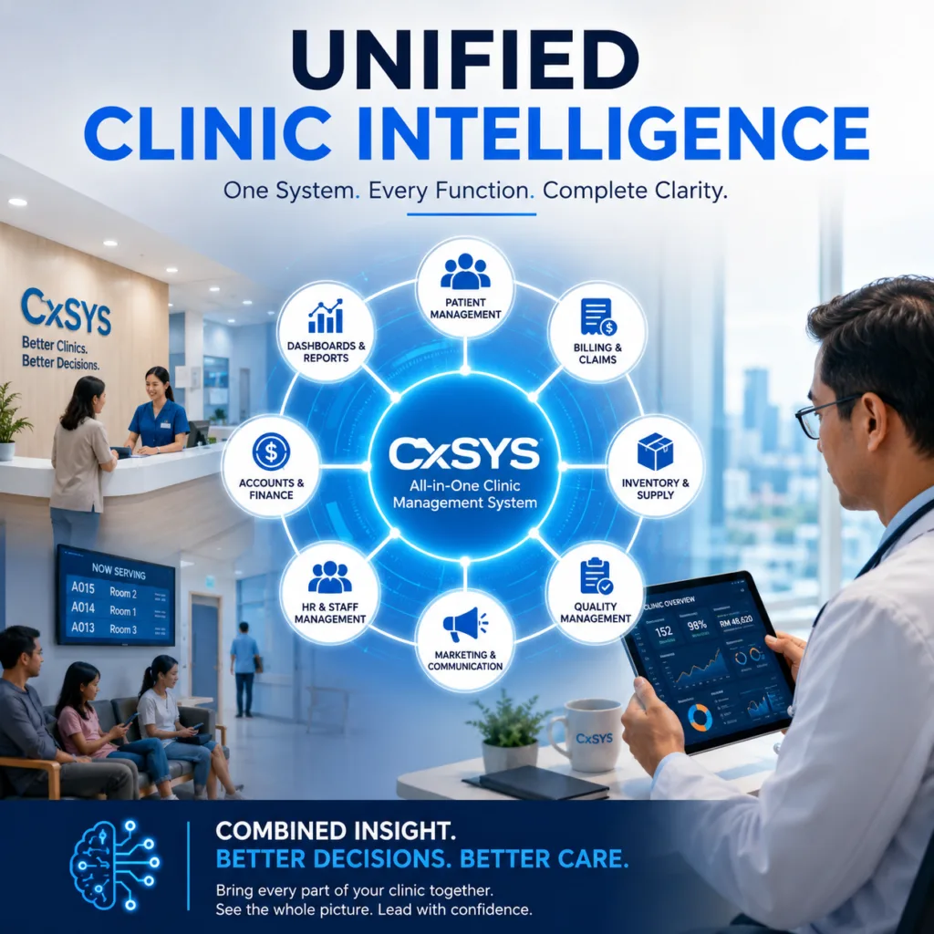 Unified Clinic Intelligence with CxSYS all-in-one clinic management system connecting patient care, billing, HR, inventory, finance and operations