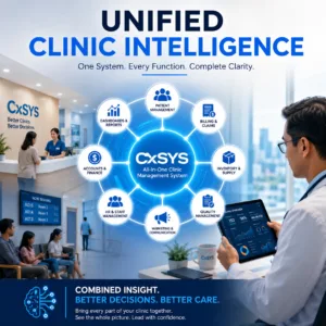 Unified Clinic Intelligence with CxSYS all-in-one clinic management system connecting patient care, billing, HR, inventory, finance and operations